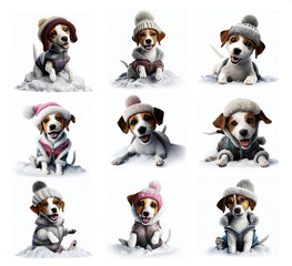 A Jack Russel Terrier puppy wearing a beanie hat illustration set of 9 poses isolated on white background