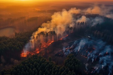 Fototapeta na wymiar Aerial view of burning forest after wildfire at sunset in Poland.