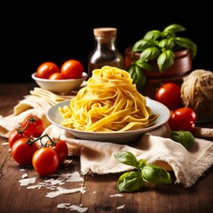 Photo of a delicious plate of pasta with fresh tomatoes and fragrant basil .generative ai