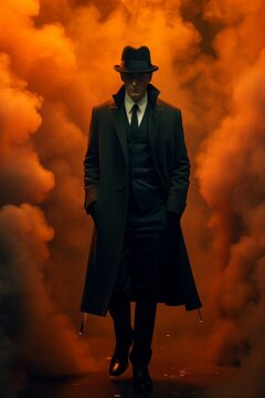 Photo of a mysterious man in a top hat and coat engulfed in a cloud of smoke .generative ai