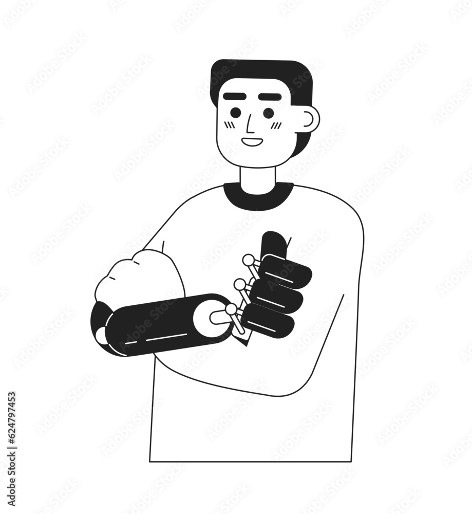 Poster cheerful man with artificial limb prosthesis monochromatic flat vector character. editable thin line