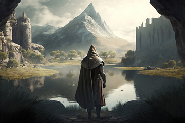 A medieval warrior in a hooded cloak looks at an ancient fortress