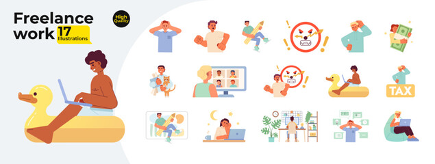 Freelance work flat concept vector spot illustrations bundle. Hardworking and frustrated 2D cartoon characters on white for web UI design. Remote work isolated editable creative hero images collection