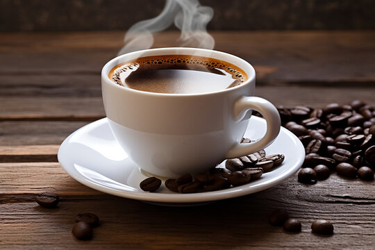 cup of hot black coffee with steam on wooden table with coffee beans