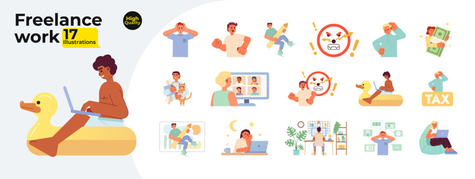 Freelance work flat concept vector spot illustrations bundle. Hardworking and frustrated 2D cartoon characters on white for web UI design. Remote work isolated editable creative hero images collection