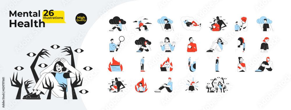 Poster mental health and psychology problem flat line concept vector spot illustrations bundle. people with