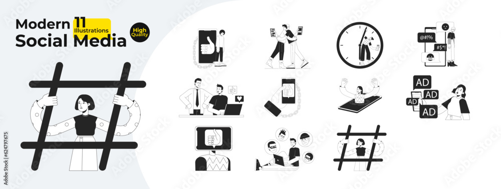 Poster social media problems bw concept vector spot illustrations bundle. internet dependence 2d cartoon fl