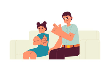 Parent anger to kid semi flat color vector characters. Strict asian father wagging finger to daughter. Editable half body people on white. Simple cartoon spot illustration for web graphic design
