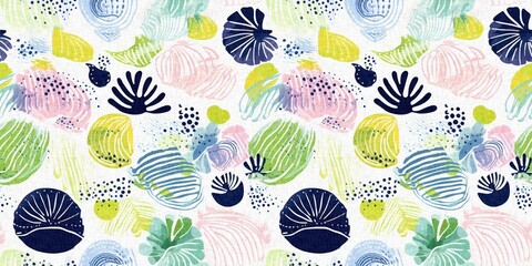  Seamless trendy underwater shell clam repeat background. Tropical modern seashell coastal pattern clash fabric coral reef border print for summer beach textile banner edge with a linen cotton effect.
