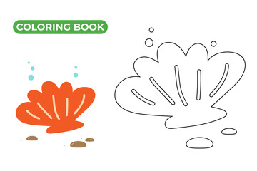Scallop on ocean floor. Vector illustration. Drawing of sea shell with pebbles and air bubbles. Hand drawn sketch doodle style. Coloring book for kids.