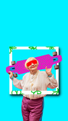 Contemporary art collage. Swag style. Stylish senior woman standing with skateboard. Youth spirit. Concept of international day of older persons, care, age, social issues, October 1. Poster, ad