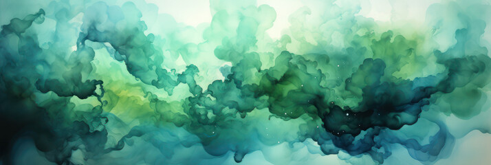 Fototapeta na wymiar Banner. Abstract watercolor green background, stains of paint in water. AI generative.