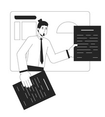 Business manager handing over papers bw concept vector spot illustration. Team leader 2D cartoon flat line monochromatic character for web UI design. Presentation editable isolated outline hero image