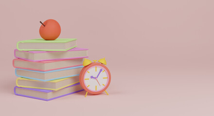 Books, alarm clock and apple, isolated on white. Web banner with place for text. 3d rendering