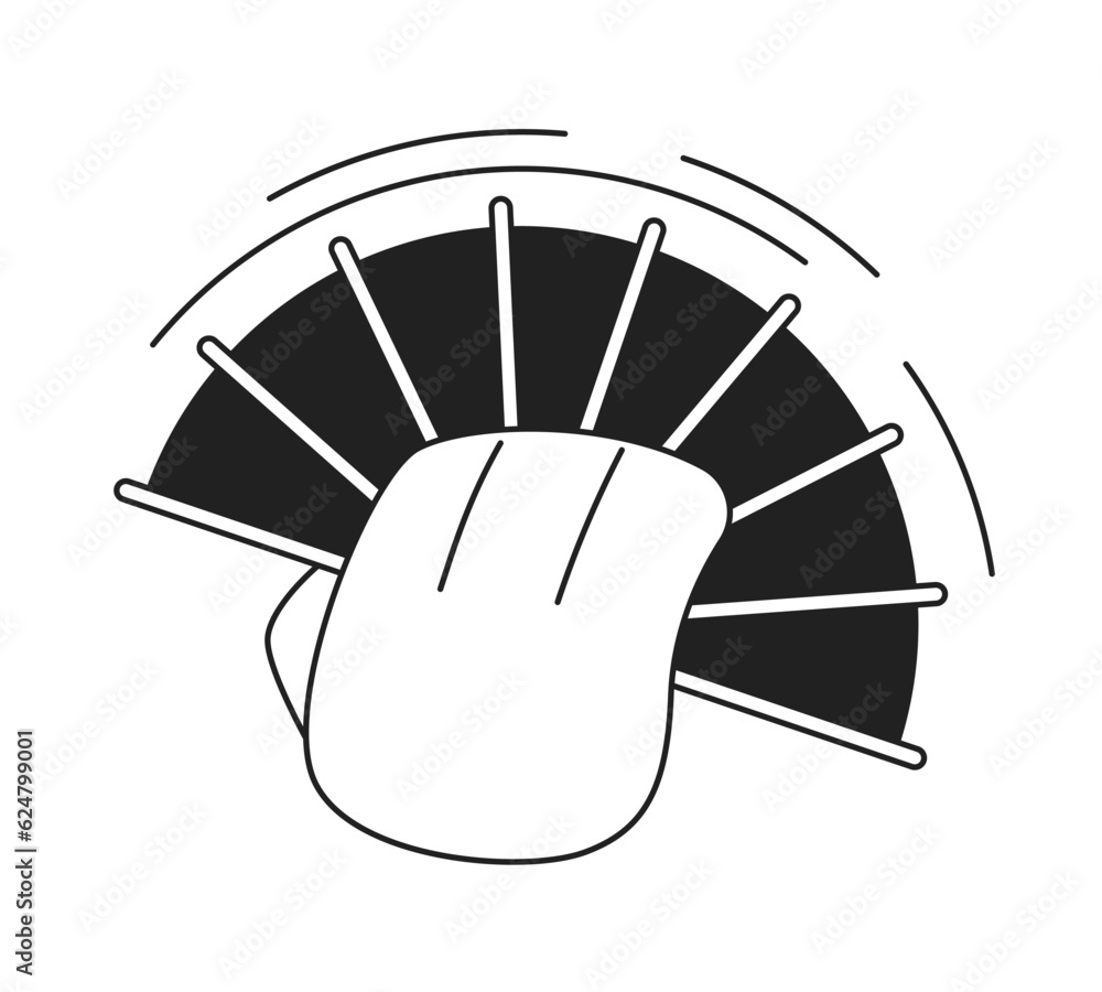 Poster hand with folding fan cooling down monochromatic flat vector character hand. waving fan. breeze rest