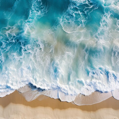 Fototapeta na wymiar Overhead photo of crashing waves on the shoreline beach. Tropical beach surf. Abstract aerial ocean view