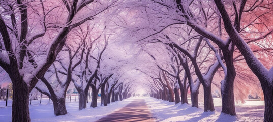 Beautiful alley in the park in winter with trees covered in snow and frost. Colorful blue and pink