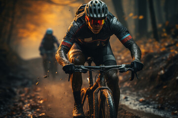 Fototapeta na wymiar Cyclist engaged in a challenging hill climb or intense training session, conveying the physical fitness and endurance aspects of cycling. Generative Ai