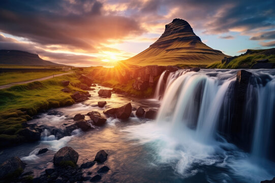 Kirkjufell Foss waterfall near Kirkjufell mountain © Veniamin Kraskov