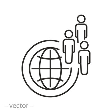 icon of world community community of different nationalities, people coalition, group with globe,thin line symbol on white background - editable stroke vector illustration eps10