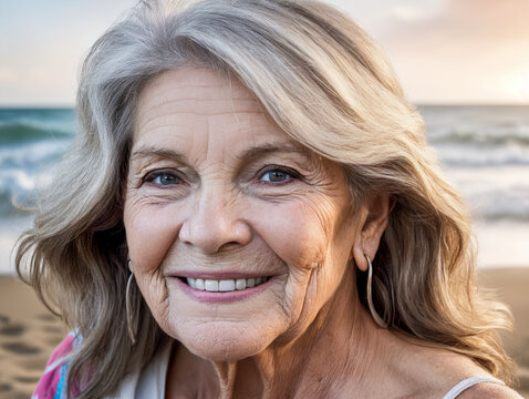 portrait of happy beautiful retired woman with dental smile, beach background, looking at camera, headshot portrait.