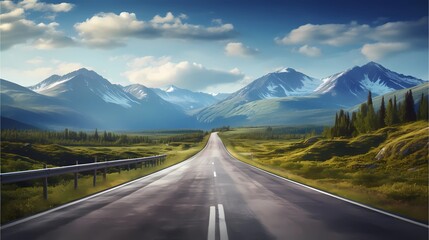Naklejka premium Long road on beautiful mountain background in summer,