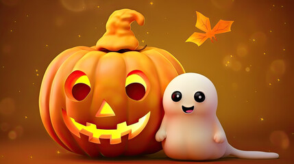 Cute pumpkin and little ghost smiles on an orange backdrop. Halloween warmth radiates, joyful expressions light up the scene