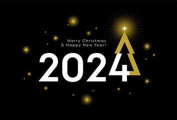 2024 New Year greeting card or banner  creative design with number 4 looking like a Christmas tree on black background. - 624801040