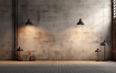 Brick wall, concrete floor and lamps background 3d render