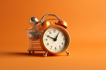 Alarm clock and shopping trolley with space for text. Time to shop