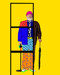 Contemporary art collage. Senior man in stylish modern clothes again bright yellow background. Concept of international day of older persons, care, age, social issues, October 1. Poster, ad