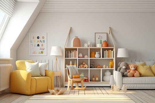 Interior of a baby or child's room with warm and cozy house toys. A baby room with colorful toys in a wooden box to develop your baby's skills in the morning light
