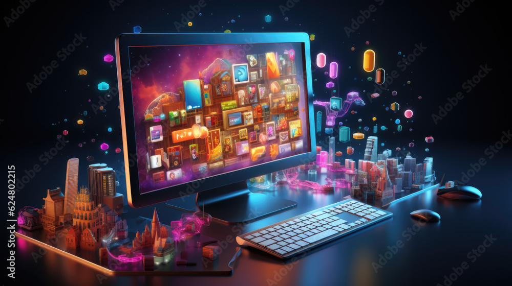 Poster a computer with a colorful and cluttered desktop in an office on a work table. generative ai