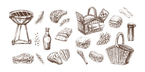 A set of hand-drawn sketches of barbecue and picnic elements. For the design of the menu of restaurants and cafes, grilled food. Doodle vintage illustration. Engraved image.