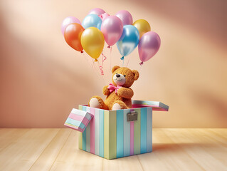 Teddy bear and Gift box on colorful pastel background holiday celebration kid birthday party