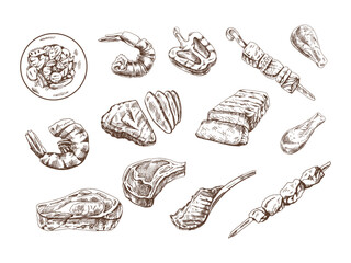 A set of hand-drawn sketches of different types of meat, steaks, shrimp, chicken, grilled vegetables, barbecue. Doodle vintage illustration. Engraved image. - obrazy, fototapety, plakaty