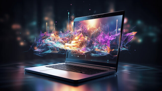 bright colors shoot out of a laptop computer. creative ideas at work concept. Generative AI