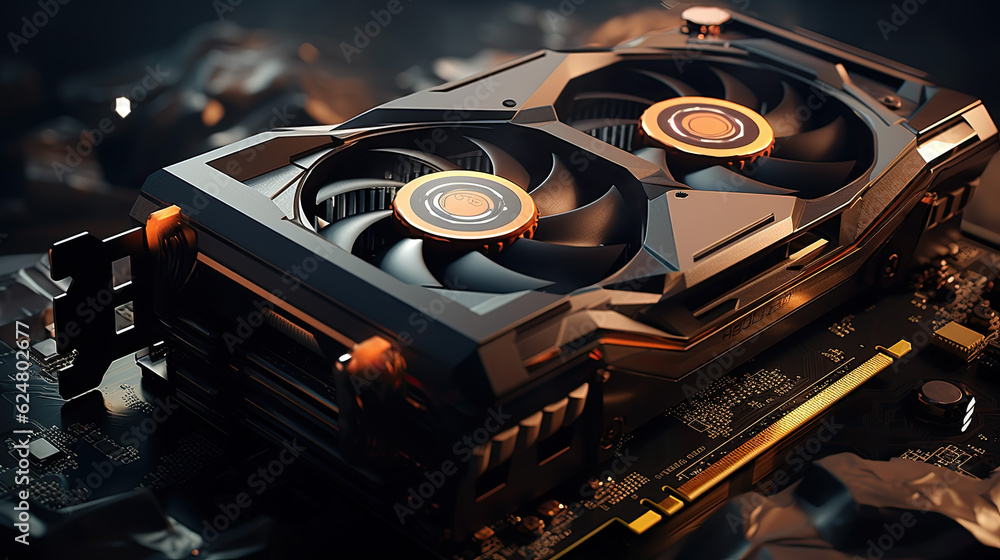 Poster a black high-performance graphics card from a computer. computer games concept. generative ai