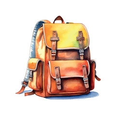 Colorful school backpack watercolor on white background. School student learning. Homework study.