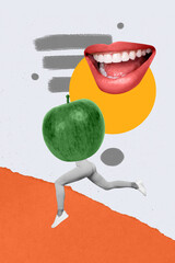 Vertical composite illustration design 3d collage headless champion girl running mouth eat effect...