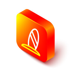 Isometric line Surfboard icon isolated on white background. Surfing board. Extreme sport. Sport equipment. Orange square button. Vector