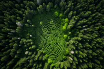 Aerial top down view of a green forest with human fingerprint in the middle , deforestation and human impact on nature biodiversity concept illustration