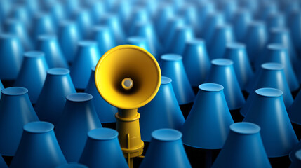 Fototapeta premium Yellow colored megaphone standing out from the crowd of blue - communication or speak-up illustration concept