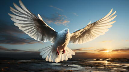 Obraz premium White dove flying up the sky with wing spread apart sunlight shining on it with blue sky background