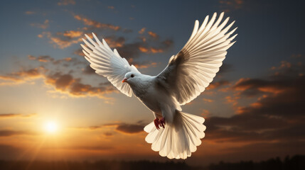 Obraz premium White dove flying up the sky with wing spread apart sunlight shining on it with blue sky background