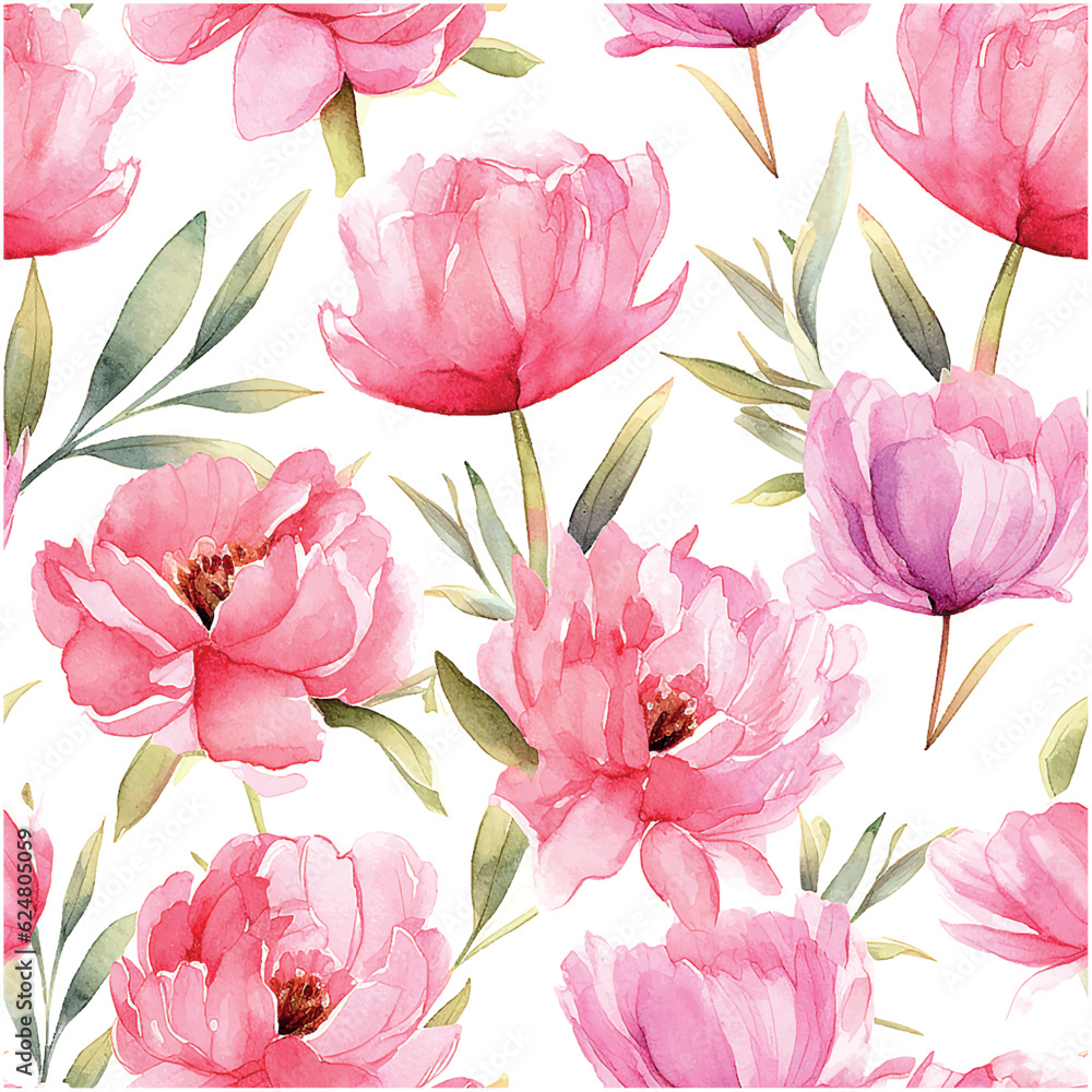 Sticker Pink pions pattern watercolor on white background.