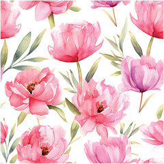 Pink pions pattern watercolor on white background.