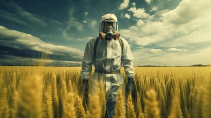 Person in a hazmat suit and gas mask standing in a wheat filed. Concept of toxic pesticide usage. Generative AI