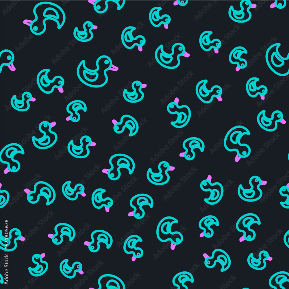 Poster line rubber duck icon isolated seamless pattern on black background. vector