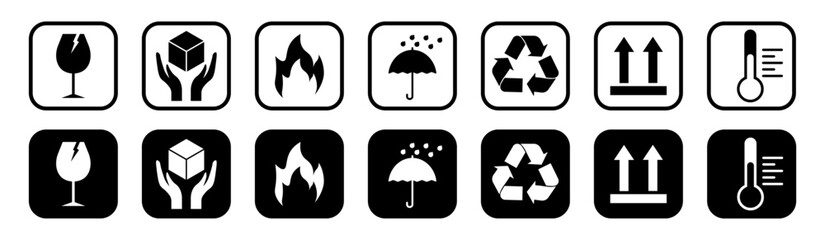 Set of Fragile Shipping and Handling Signs.Collection of Fragile package icons.Vector
